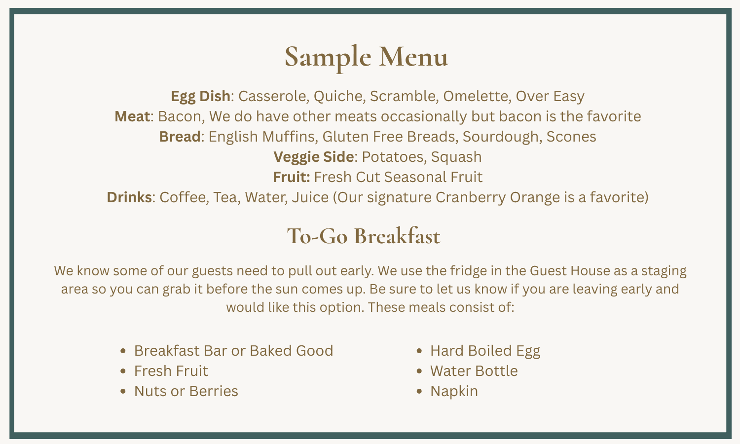 A sample menu featuring breakfast options, including egg dishes, meats, breads, veggie sides, fruits, and drinks, along with a to-go breakfast list.